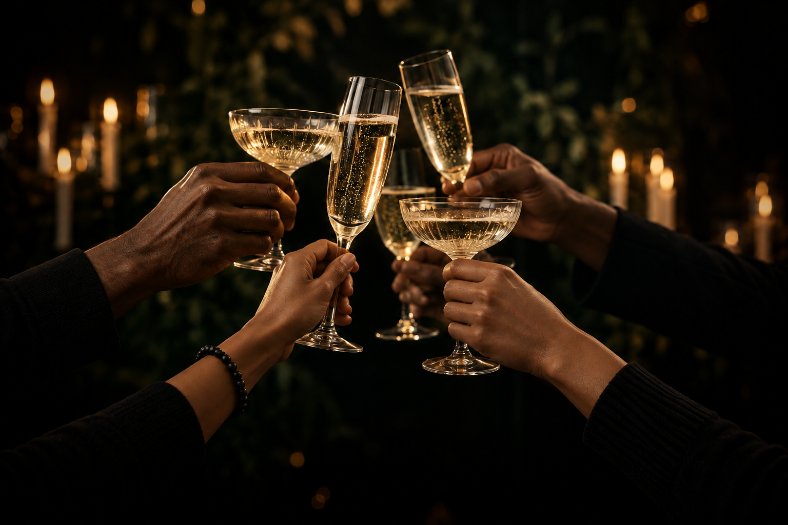 Several hands raising elegant champagne glasses in a warm evening toast