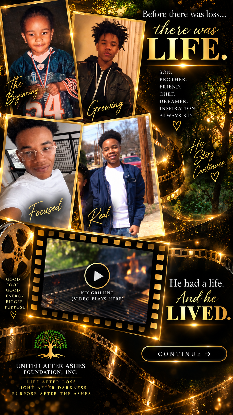 A cinematic life collage celebrating Rakiy Gardner from childhood through young adulthood